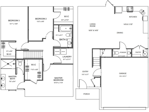 Floor plan for 3 beds, 3 baths, 1850 sqft